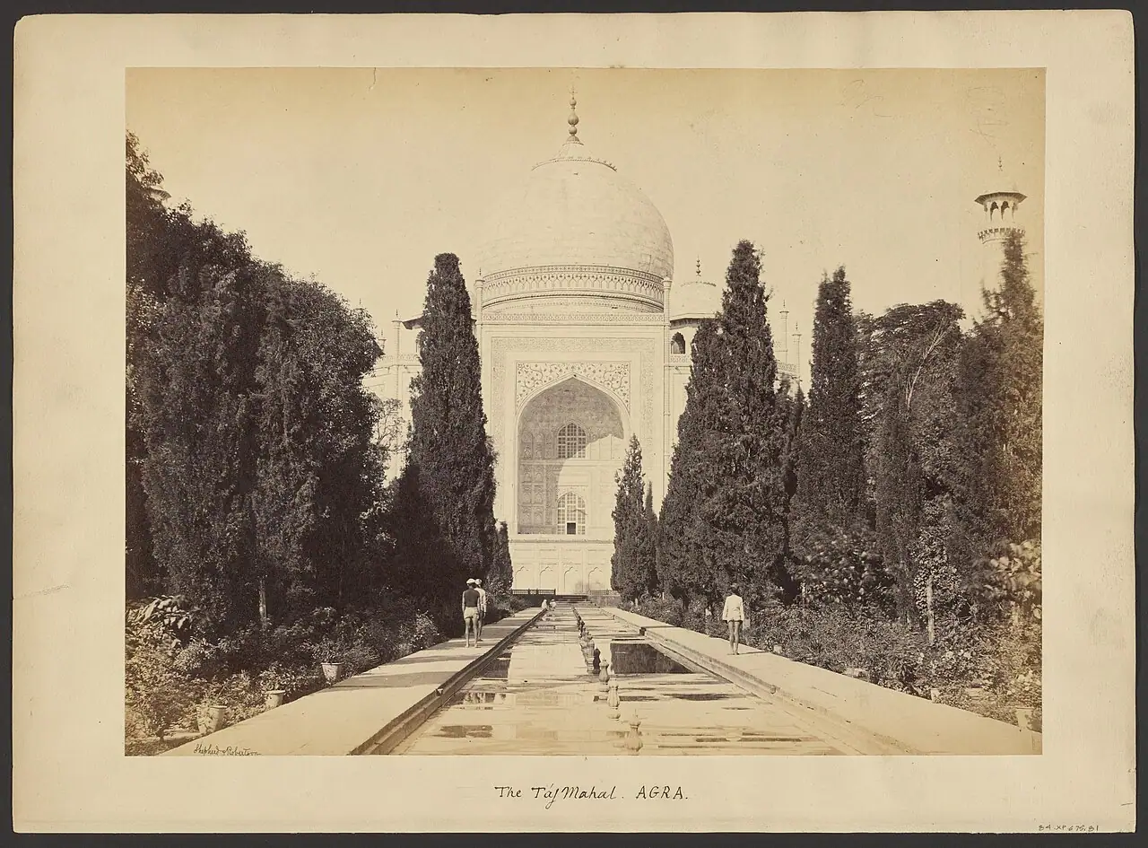 The Taj Mahal and its garden in an albumen photograph of 1859–1860, from the J. Paul Getty Museum.