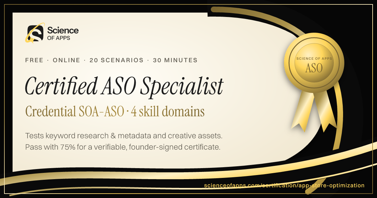 Certified ASO Specialist certificate preview: an ivory certificate with a gold medal marked SOA-ASO