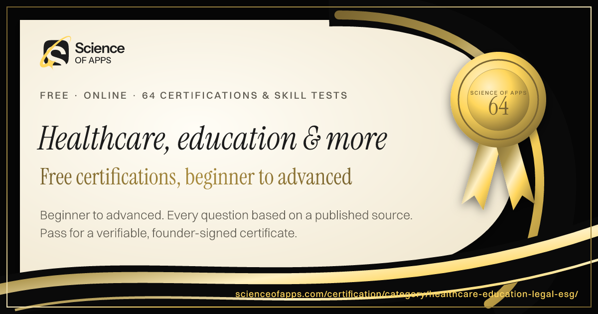 A Science of Apps certificate for Healthcare, Education, Legal Operations & Sustainability: ivory paper with a gold medal