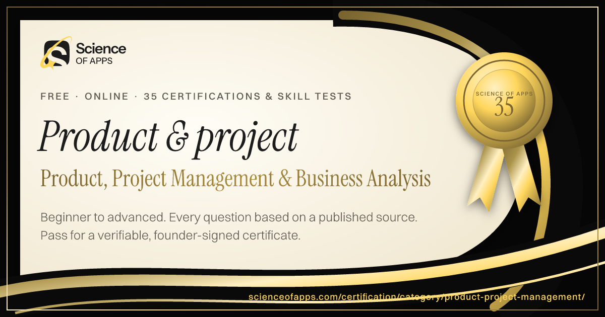 A Science of Apps certificate for Product, Project Management & Business Analysis: ivory paper with a gold medal