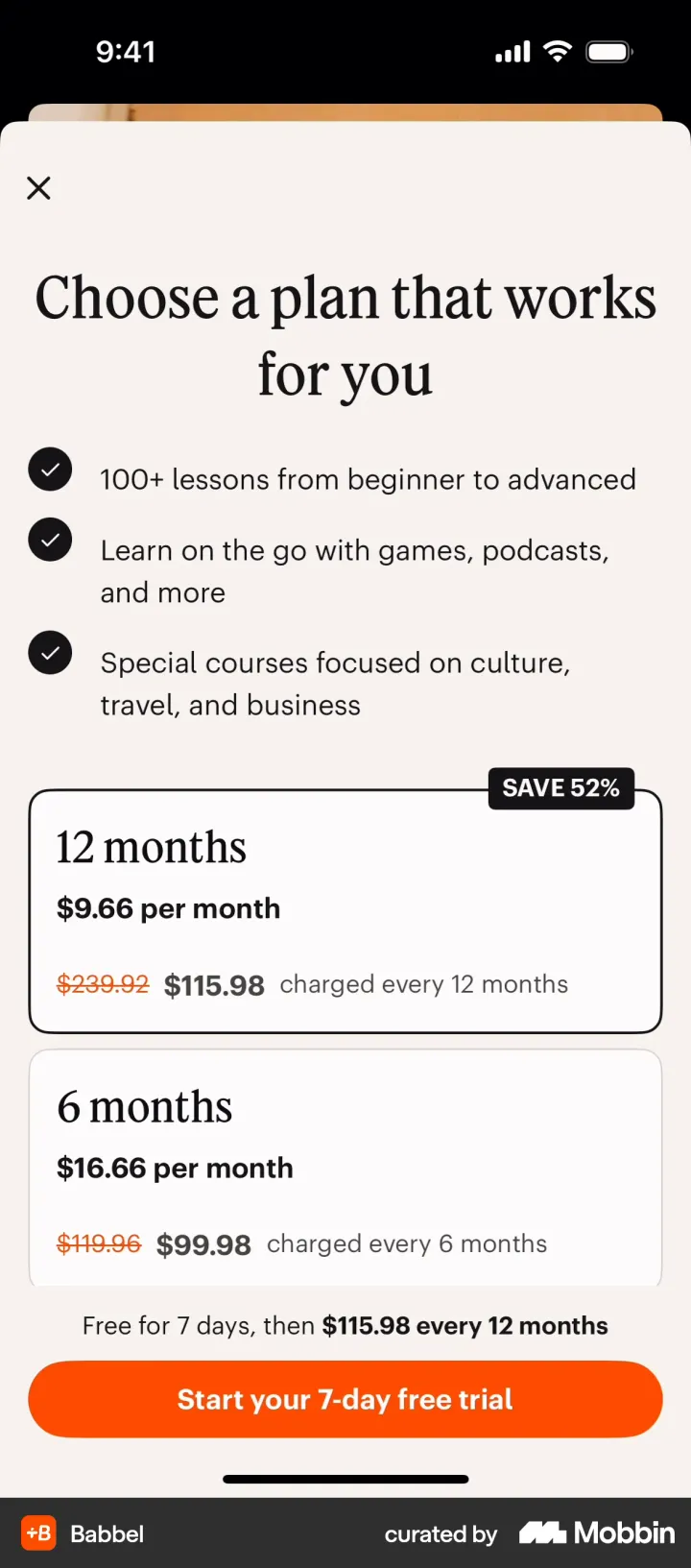 Babbel Choose a plan paywall with 12 months at 9.66 dollars per month, struck price 239.92 dollars and a Save 52 percent badge