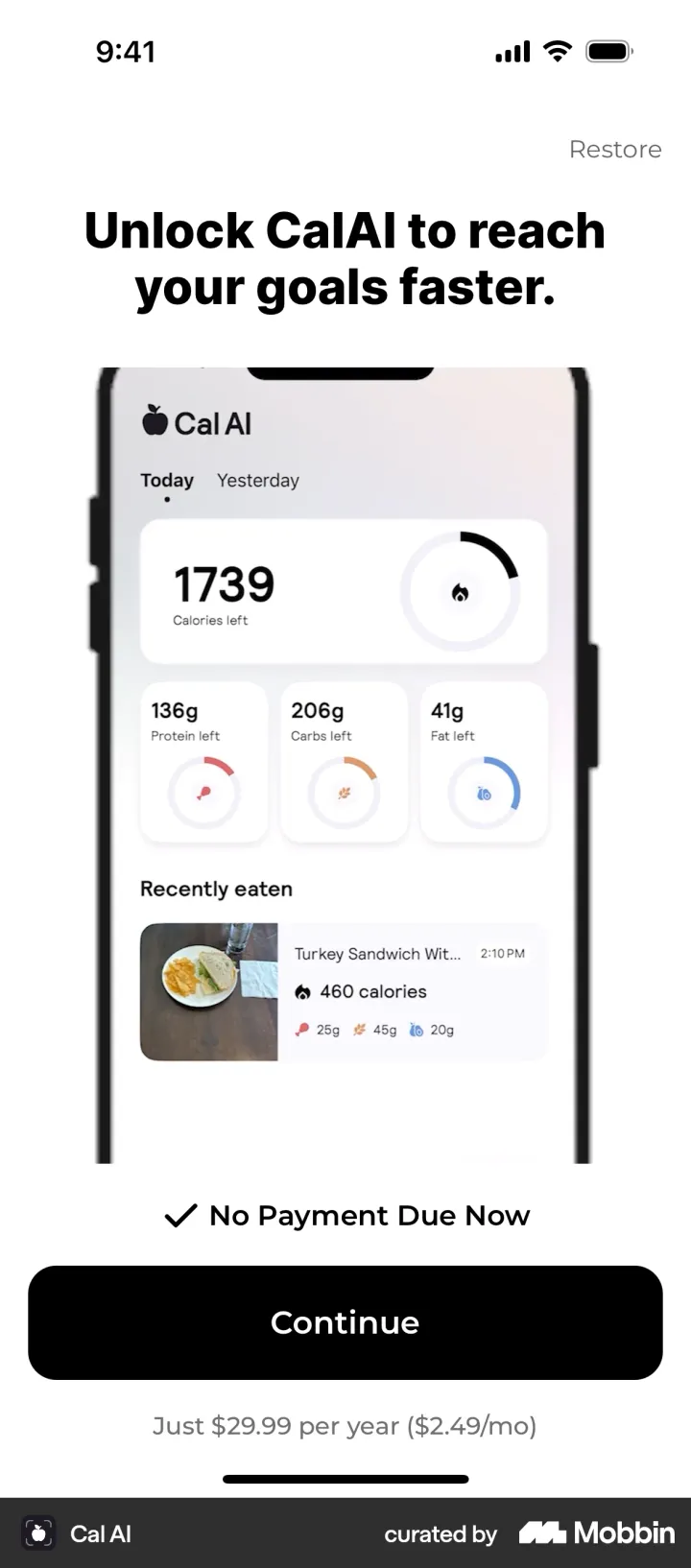 Cal AI onboarding hard paywall showing the app dashboard, No Payment Due Now and a Continue button with no close button