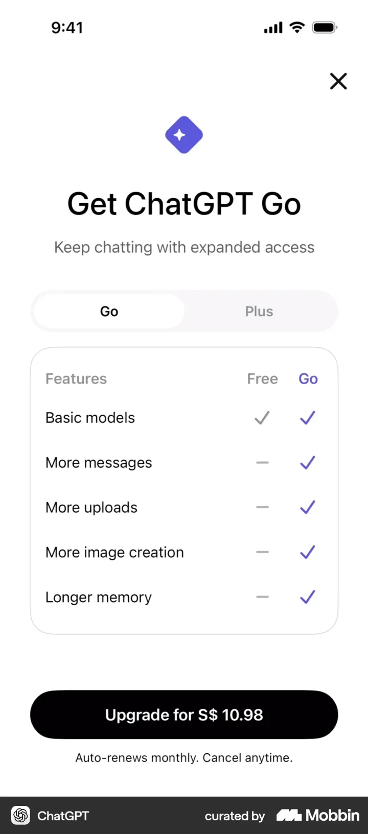 ChatGPT Get ChatGPT Go paywall with Go and Plus tabs, a feature comparison table of Free versus Go with ticks, and an Upgrade button