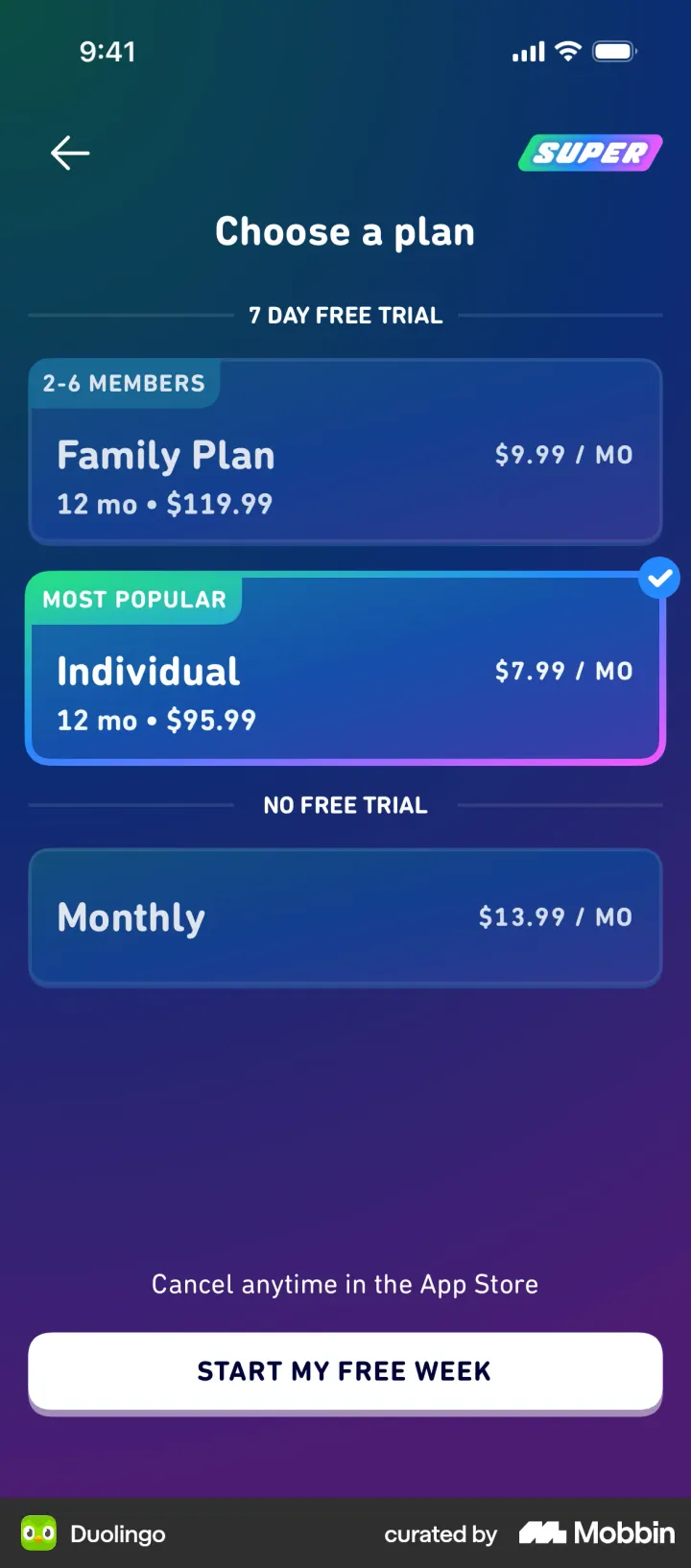 Duolingo Super Choose a plan paywall with Family and Individual annual plans under a 7 day free trial label and a Monthly plan under a No free trial label
