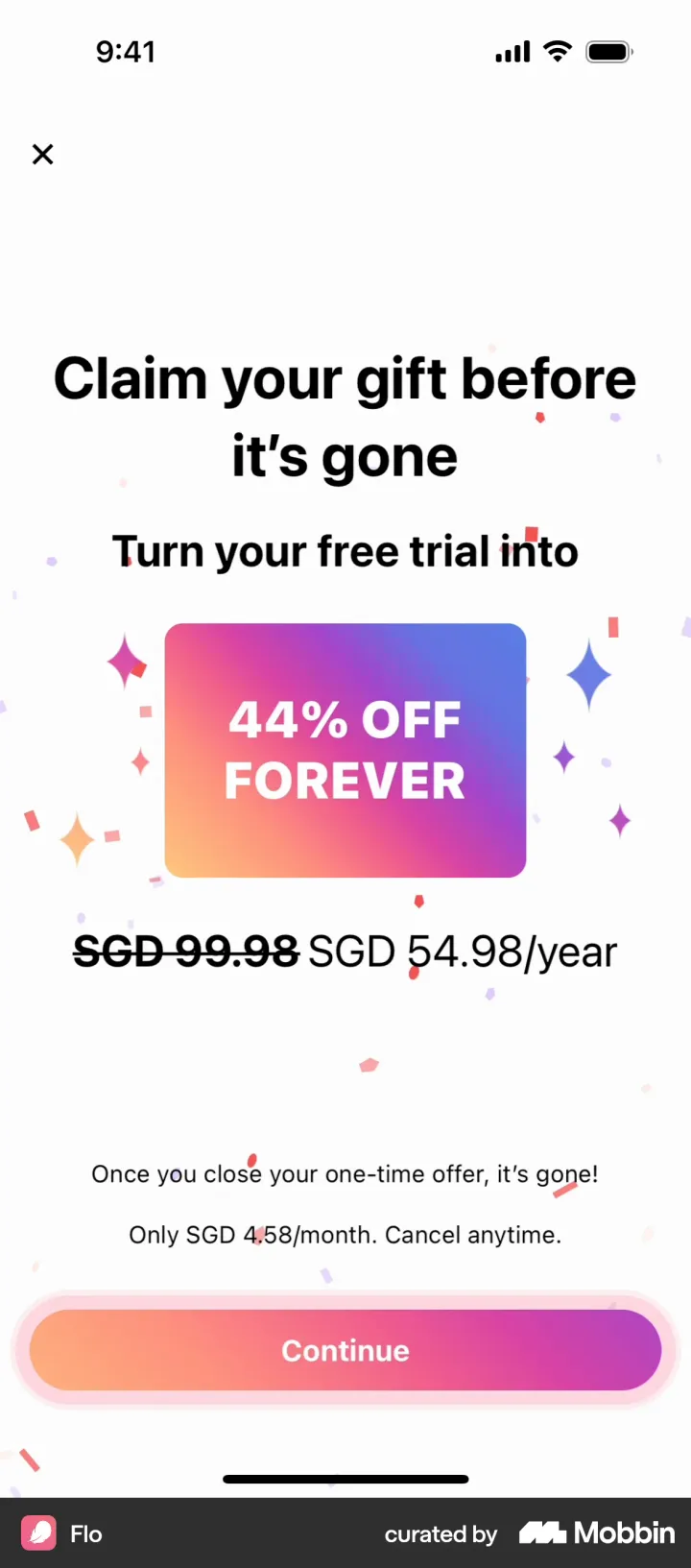 Flo one-time exit offer reading Claim your gift before it's gone, 44 percent off forever, with SGD 99.98 struck through and SGD 54.98 per year