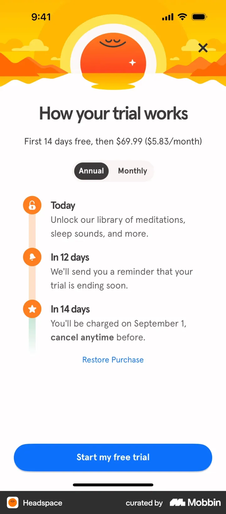 Headspace How your trial works paywall with a timeline: Today unlock the library, In 12 days a reminder, In 14 days you'll be charged on September 1