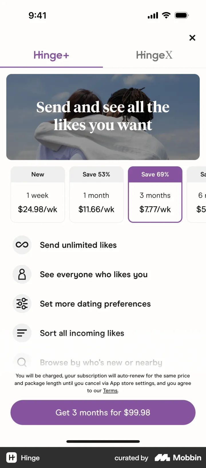 Hinge+ paywall with 1 week, 1 month, 3 months and 6 months plans all priced per week, with 3 months preselected and marked Save 69 percent