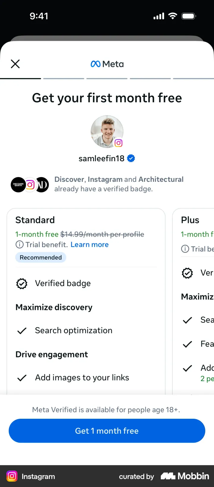 Instagram Meta Verified paywall showing the user's own profile photo with a verified badge and a first month free offer