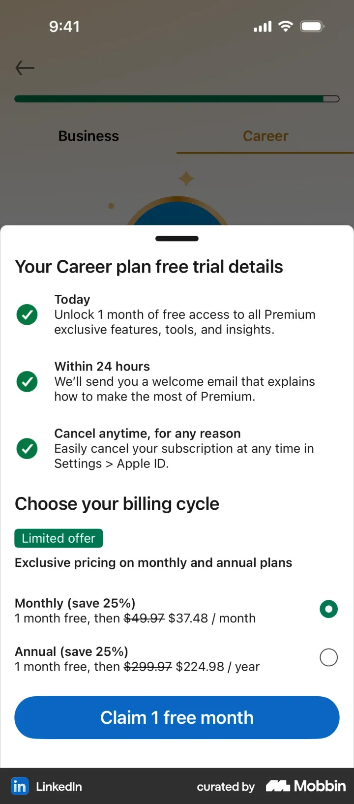 LinkedIn Premium Career free trial details with a timeline and monthly and annual billing options marked save 25 percent with struck prices and a Limited offer tag