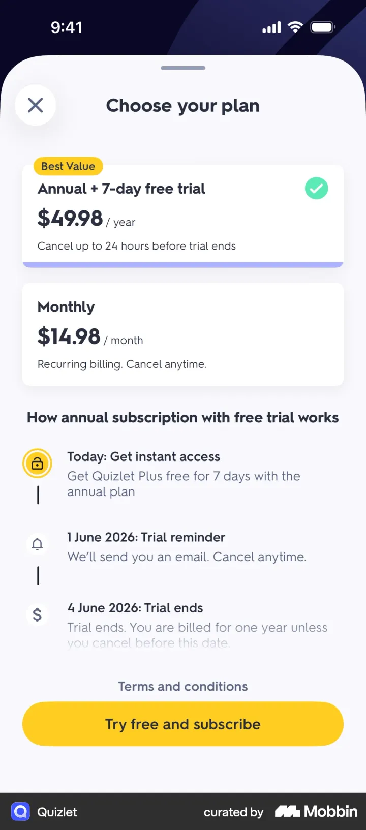 Quizlet Choose your plan paywall with Annual plus 7-day free trial marked Best Value and Monthly, and a dated explainer of how the annual trial works