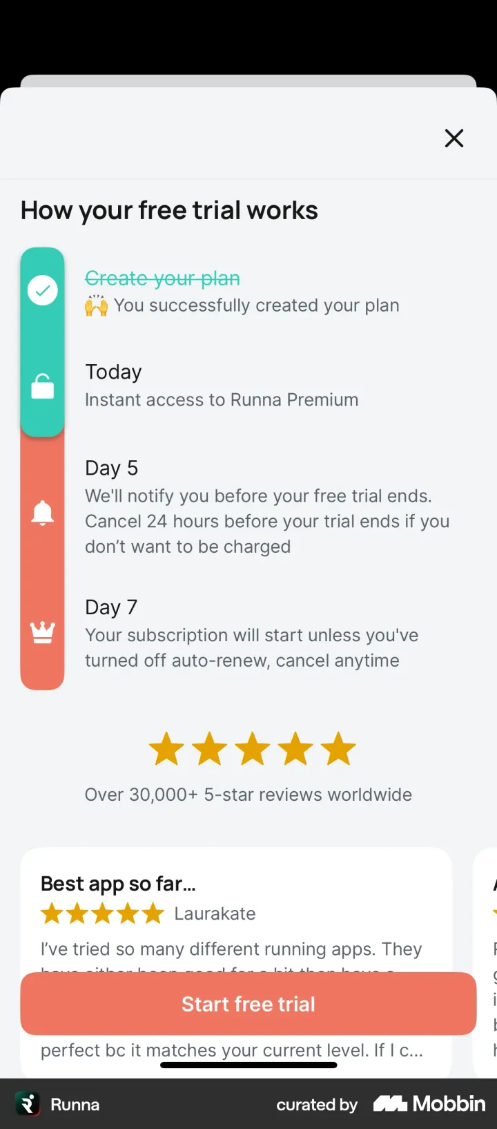 Runna How your free trial works screen with a completed first step You created your plan, then Today, Day 5 reminder and Day 7