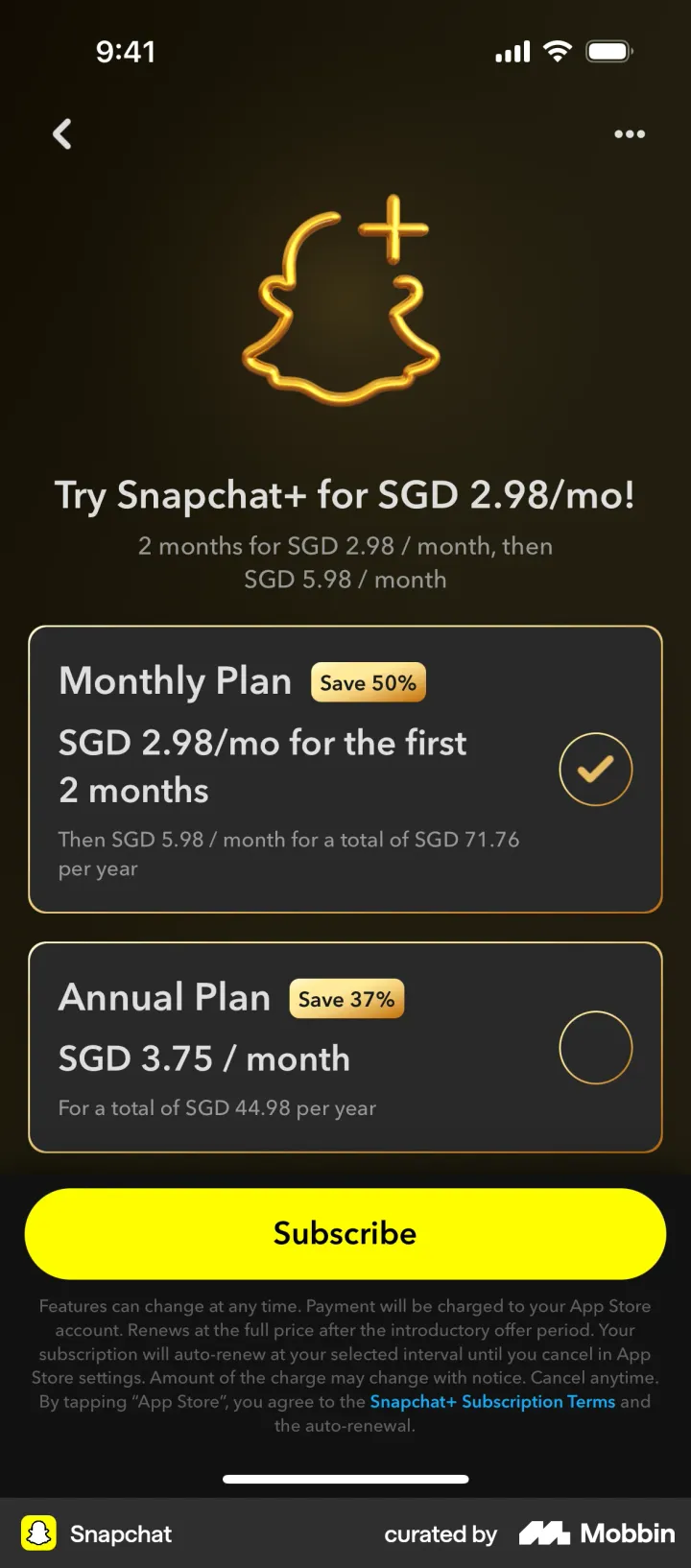 Snapchat+ plans paywall with a Monthly Plan at SGD 2.98 a month for the first two months marked Save 50 percent and an Annual Plan at SGD 3.75 a month marked Save 37 percent, each with its yearly total