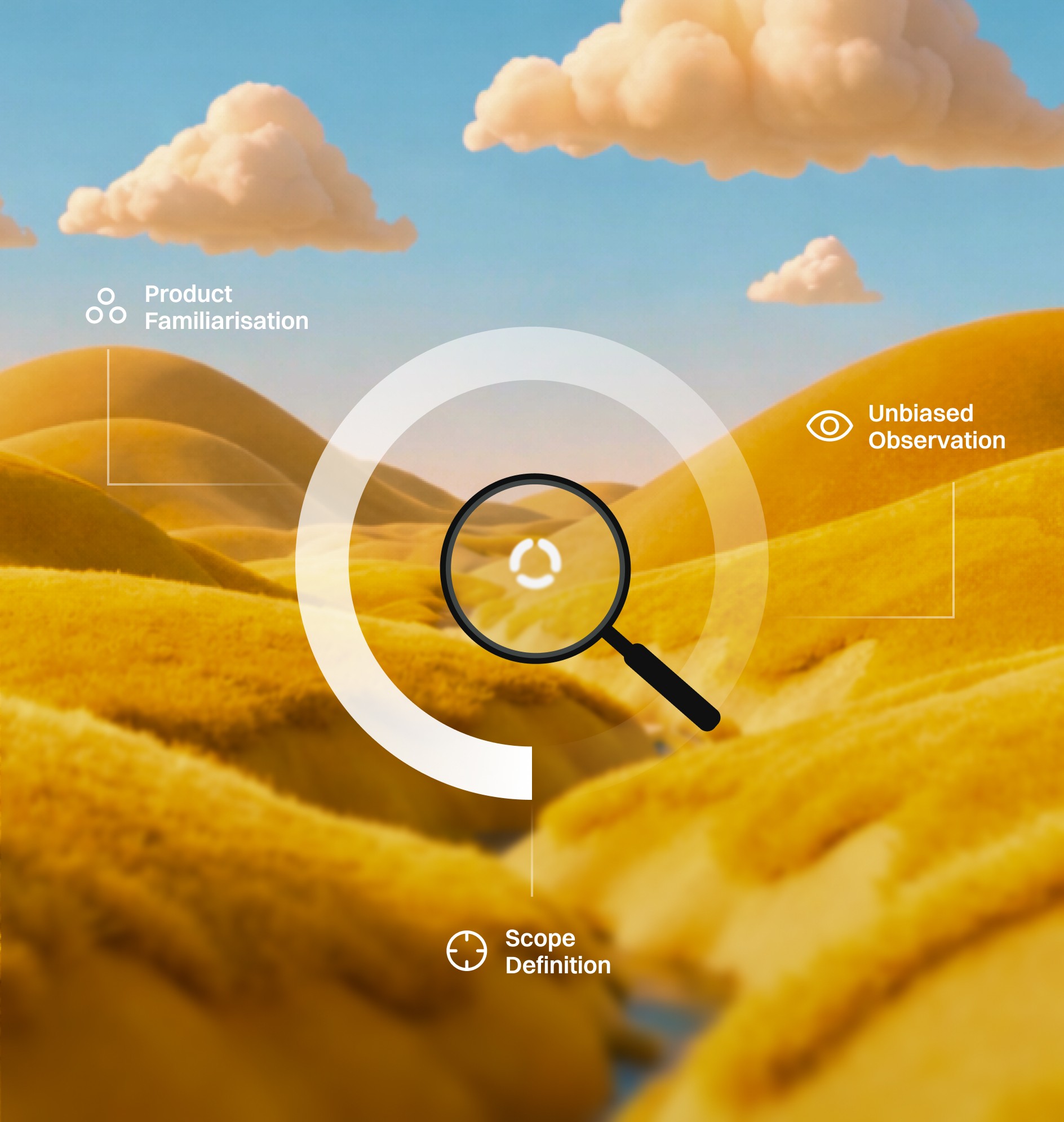 Setup & Observation: a magnifying glass over a product, marking scope definition, product familiarisation and unbiased observation