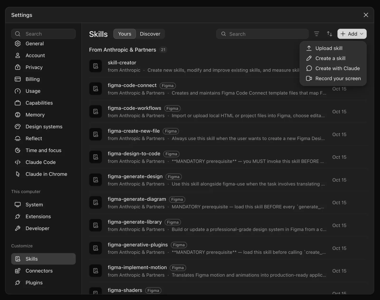 Claude Settings with Skills selected under Customize, and the Add menu open showing Upload skill, Create a skill, Create with Claude and Record your screen
