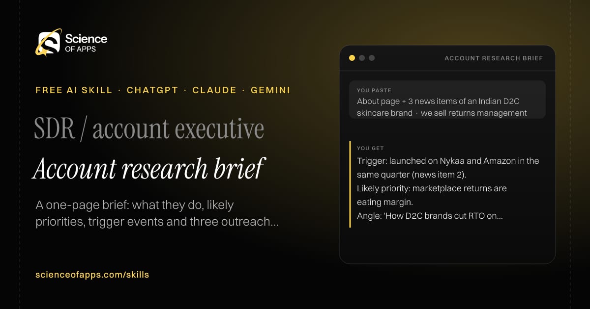 Account research brief AI skill for SDR / account executive: you paste "About page + 3 news items of an Indian D2C skincare brand · we sell returns management" and get "Trigger: launched on Nykaa and Amazon in the same quarter (news item 2)."