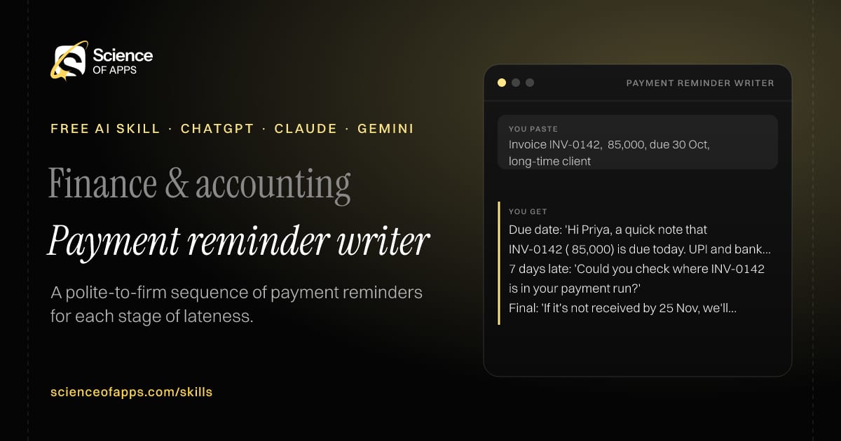 Payment reminder writer AI skill for Accounts receivable / freelancer: you paste "Invoice INV-0142, ₹85,000, due 30 Oct, long-time client" and get "Due date: 'Hi Priya, a quick note that INV-0142 (₹85,000) is due today. UPI and bank details below…'"