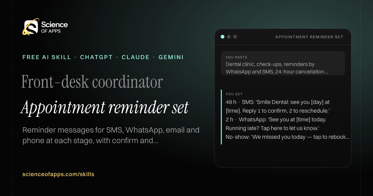Appointment reminder set AI skill for Front-desk coordinator: you paste "Dental clinic, check-ups, reminders by WhatsApp and SMS, 24-hour cancellation policy" and get "48 h · SMS: 'Smile Dental: see you [day] at [time]. Reply 1 to confirm, 2 to reschedule.'"