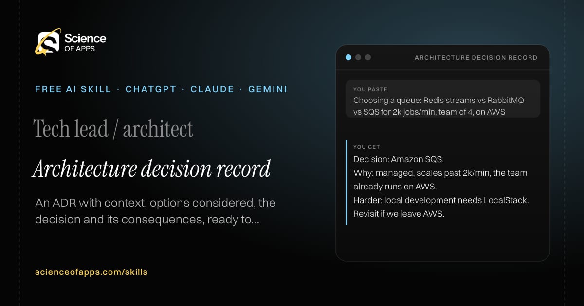 Architecture decision record AI skill for Tech lead / architect: you paste "Choosing a queue: Redis streams vs RabbitMQ vs SQS for 2k jobs/min, team of 4, on AWS" and get "Decision: Amazon SQS."