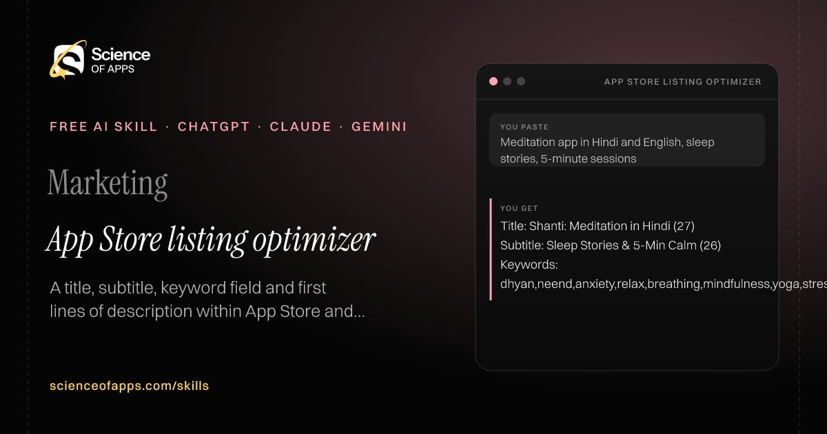 App Store listing optimizer AI skill for App marketer / ASO specialist: you paste "Meditation app in Hindi and English, sleep stories, 5-minute sessions" and get "Title: Shanti: Meditation in Hindi (27)"