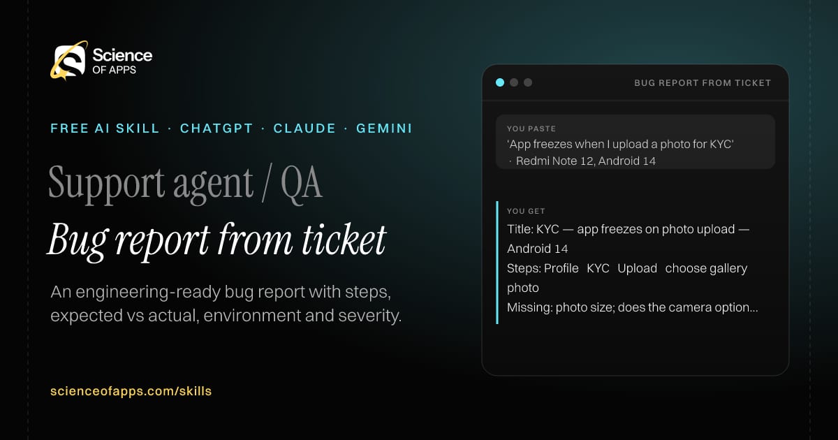 Bug report from ticket AI skill for Support agent / QA: you paste "'App freezes when I upload a photo for KYC' · Redmi Note 12, Android 14" and get "Title: KYC — app freezes on photo upload — Android 14"