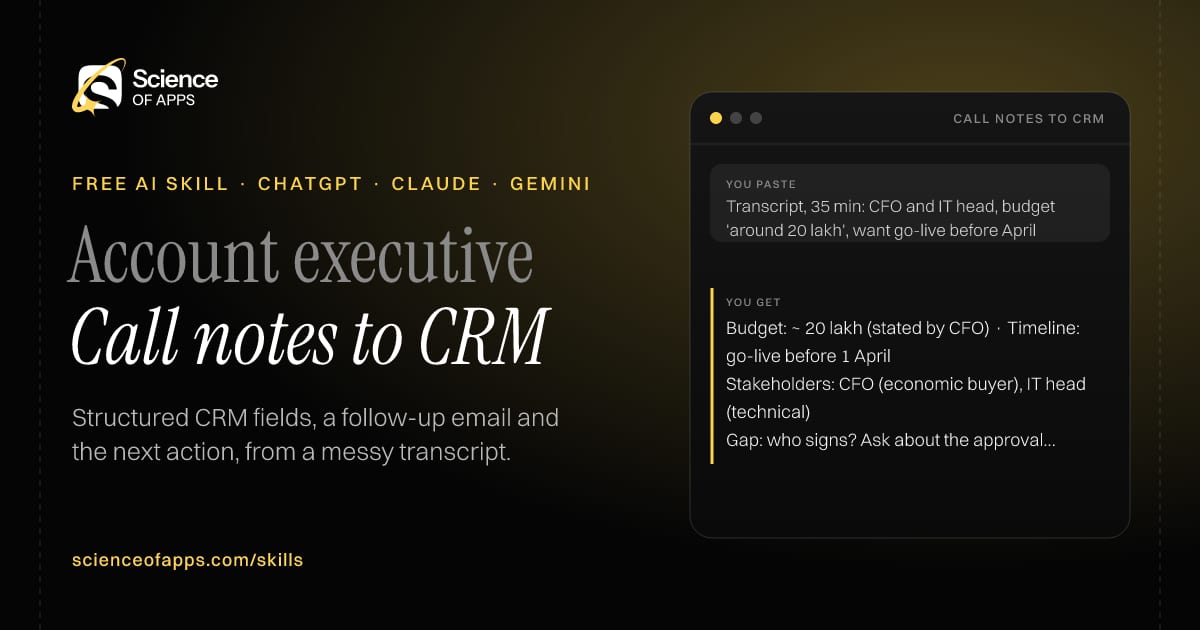 Call notes to CRM AI skill for Account executive: you paste "Transcript, 35 min: CFO and IT head, budget 'around 20 lakh', want go-live before April" and get "Budget: ~₹20 lakh (stated by CFO) · Timeline: go-live before 1 April"