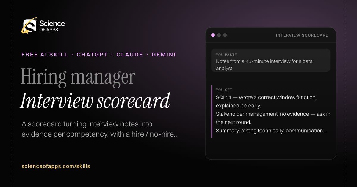 Interview scorecard AI skill for Hiring manager: you paste "Notes from a 45-minute interview for a data analyst" and get "SQL: 4 — wrote a correct window function, explained it clearly."