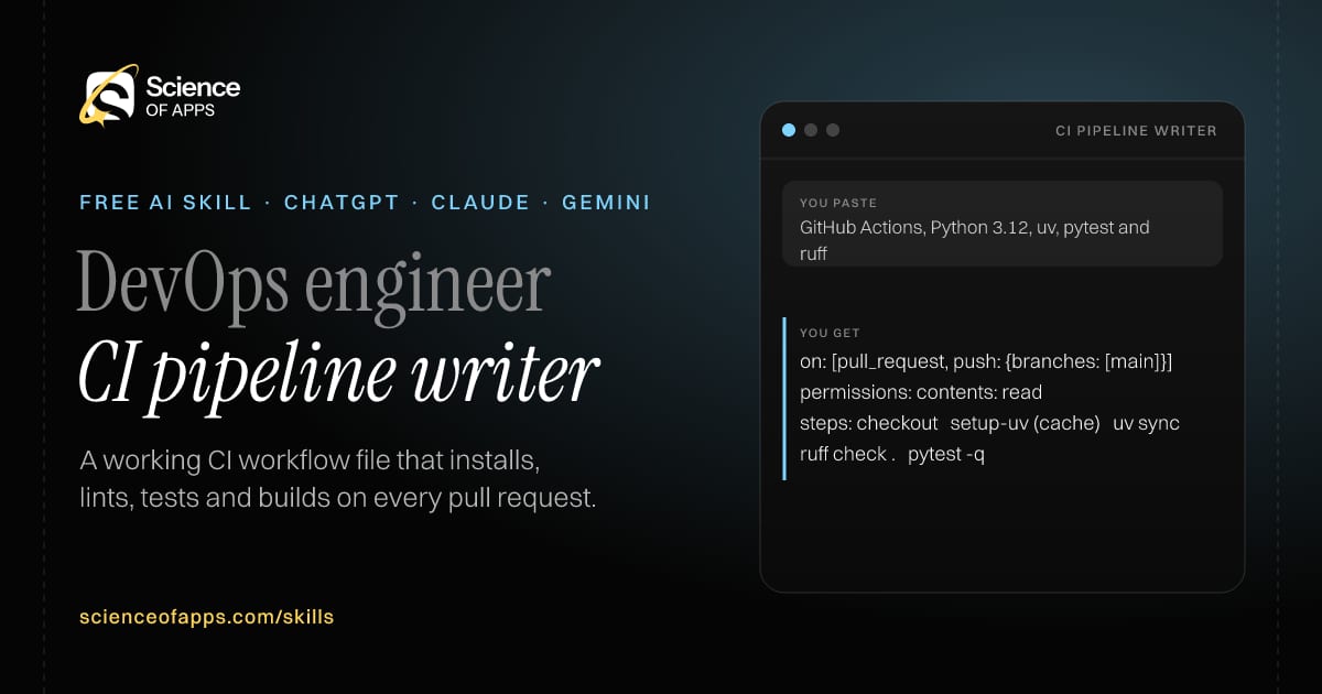 CI pipeline writer AI skill for DevOps engineer: you paste "GitHub Actions, Python 3.12, uv, pytest and ruff" and get "on: [pull_request, push: {branches: [main]}]"