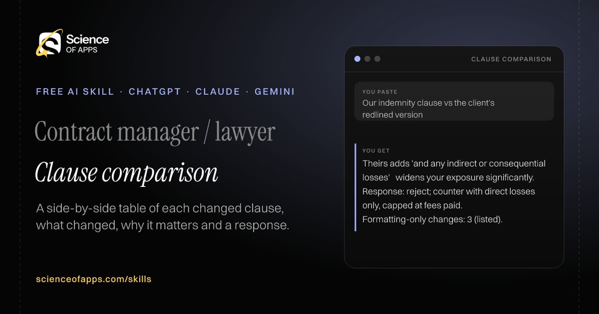 Clause comparison AI skill for Contract manager / lawyer: you paste "Our indemnity clause vs the client's redlined version" and get "Theirs adds 'and any indirect or consequential losses' → widens your exposure significantly."