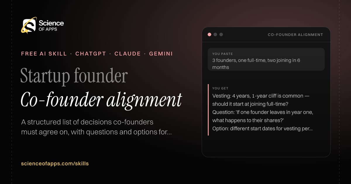Co-founder alignment AI skill for Startup founder: you paste "3 founders, one full-time, two joining in 6 months" and get "Vesting: 4 years, 1-year cliff is common — should it start at joining full-time?"
