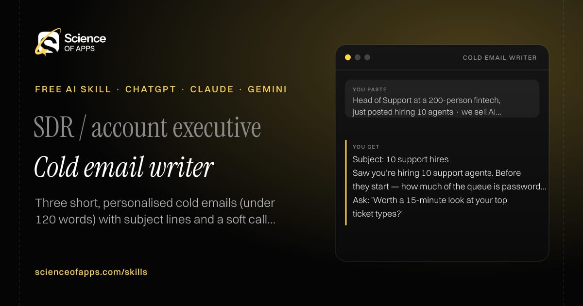 Cold email writer AI skill for SDR / account executive: you paste "Head of Support at a 200-person fintech, just posted hiring 10 agents · we sell AI ticket triage" and get "Subject: 10 support hires"