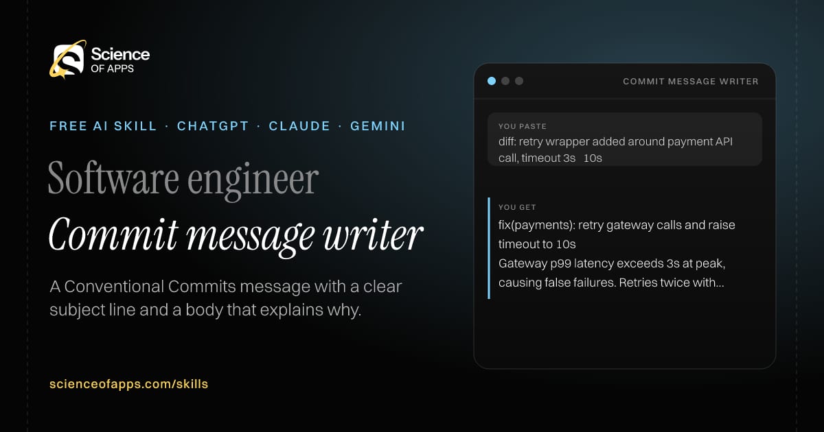 Commit message writer AI skill for Software engineer: you paste "diff: retry wrapper added around payment API call, timeout 3s → 10s" and get "fix(payments): retry gateway calls and raise timeout to 10s"