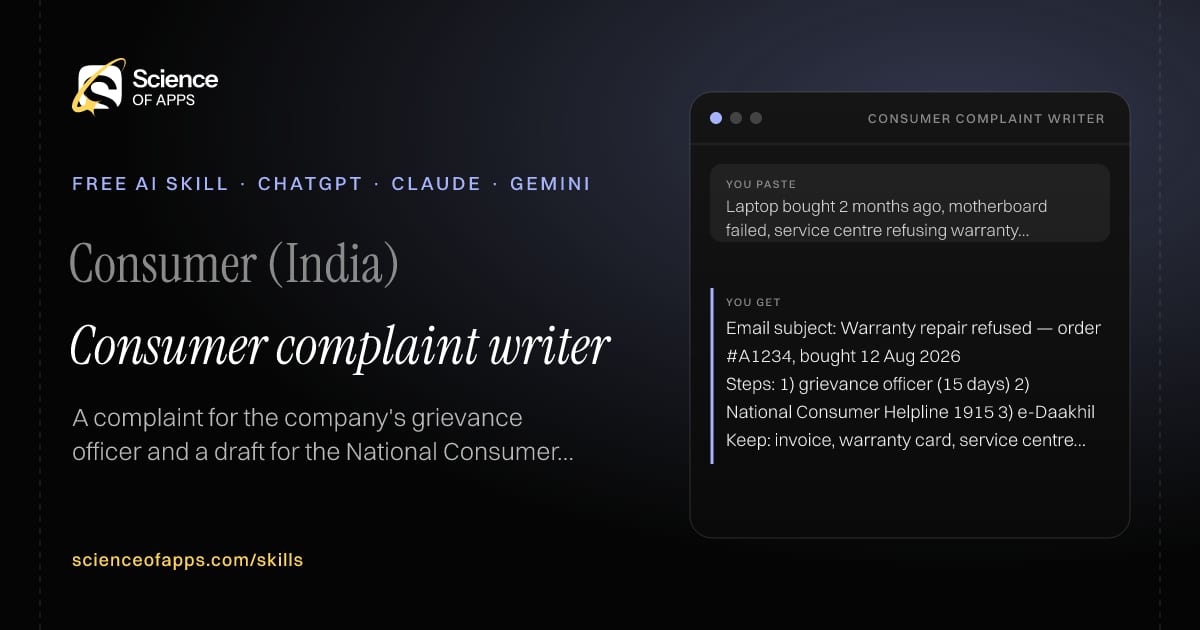 Consumer complaint writer AI skill for Consumer (India): you paste "Laptop bought 2 months ago, motherboard failed, service centre refusing warranty repair" and get "Email subject: Warranty repair refused — order #A1234, bought 12 Aug 2026"