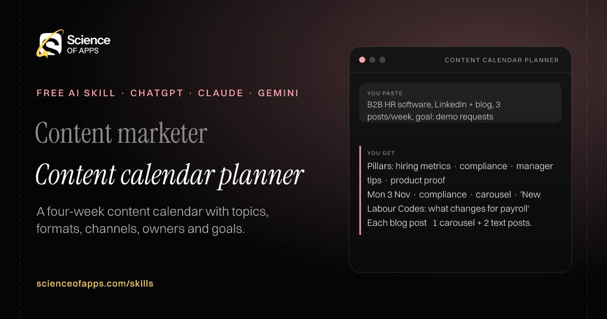 Content calendar planner AI skill for Content marketer: you paste "B2B HR software, LinkedIn + blog, 3 posts/week, goal: demo requests" and get "Pillars: hiring metrics · compliance · manager tips · product proof"