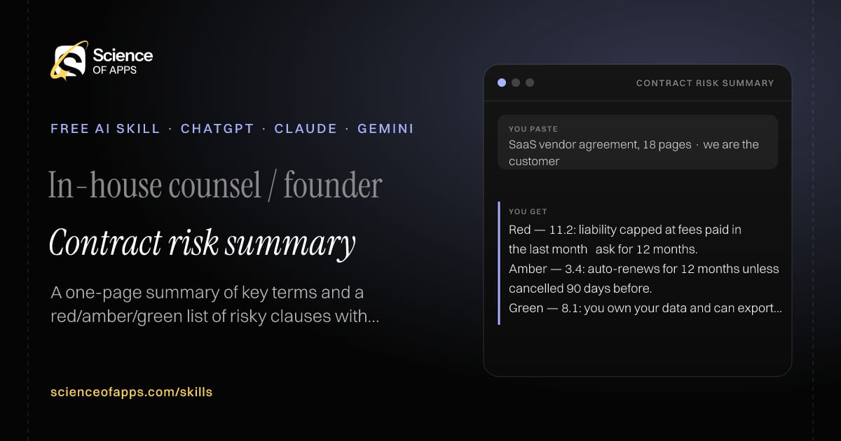Contract risk summary AI skill for In-house counsel / founder: you paste "SaaS vendor agreement, 18 pages · we are the customer" and get "Red — 11.2: liability capped at fees paid in the last month → ask for 12 months."
