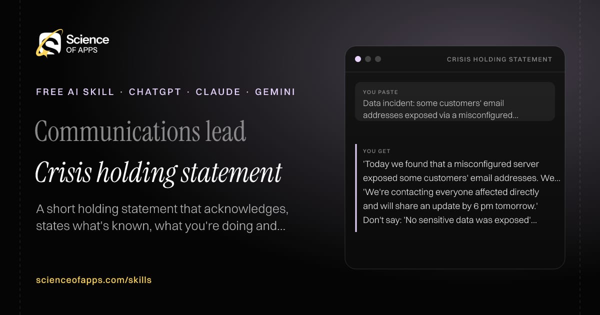 Crisis holding statement AI skill for Communications lead: you paste "Data incident: some customers' email addresses exposed via a misconfigured server, found today" and get "'Today we found that a misconfigured server exposed some customers' email addresses. We fixed it within the hour…'"