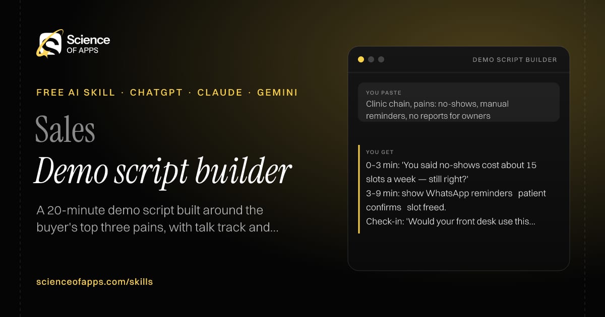 Demo script builder AI skill for Account executive / solutions engineer: you paste "Clinic chain, pains: no-shows, manual reminders, no reports for owners" and get "0–3 min: 'You said no-shows cost about 15 slots a week — still right?'"