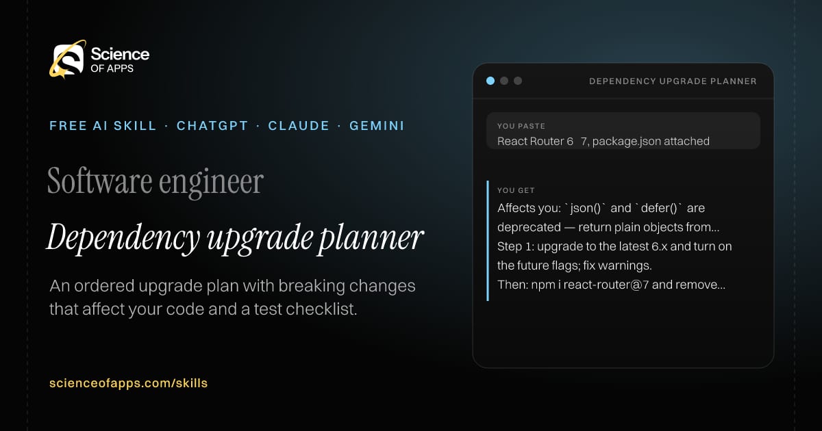 Dependency upgrade planner AI skill for Software engineer: you paste "React Router 6 → 7, package.json attached" and get "Affects you: `json()` and `defer()` are deprecated — return plain objects from loaders."