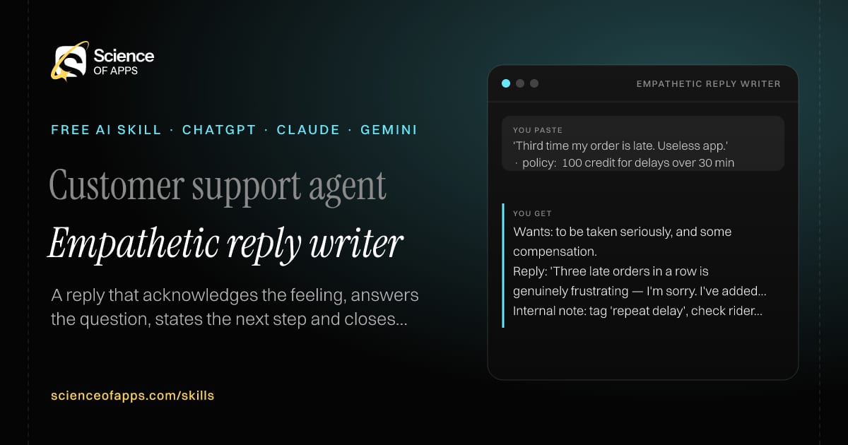 Empathetic reply writer AI skill for Customer support agent: you paste "'Third time my order is late. Useless app.' · policy: ₹100 credit for delays over 30 min" and get "Wants: to be taken seriously, and some compensation."