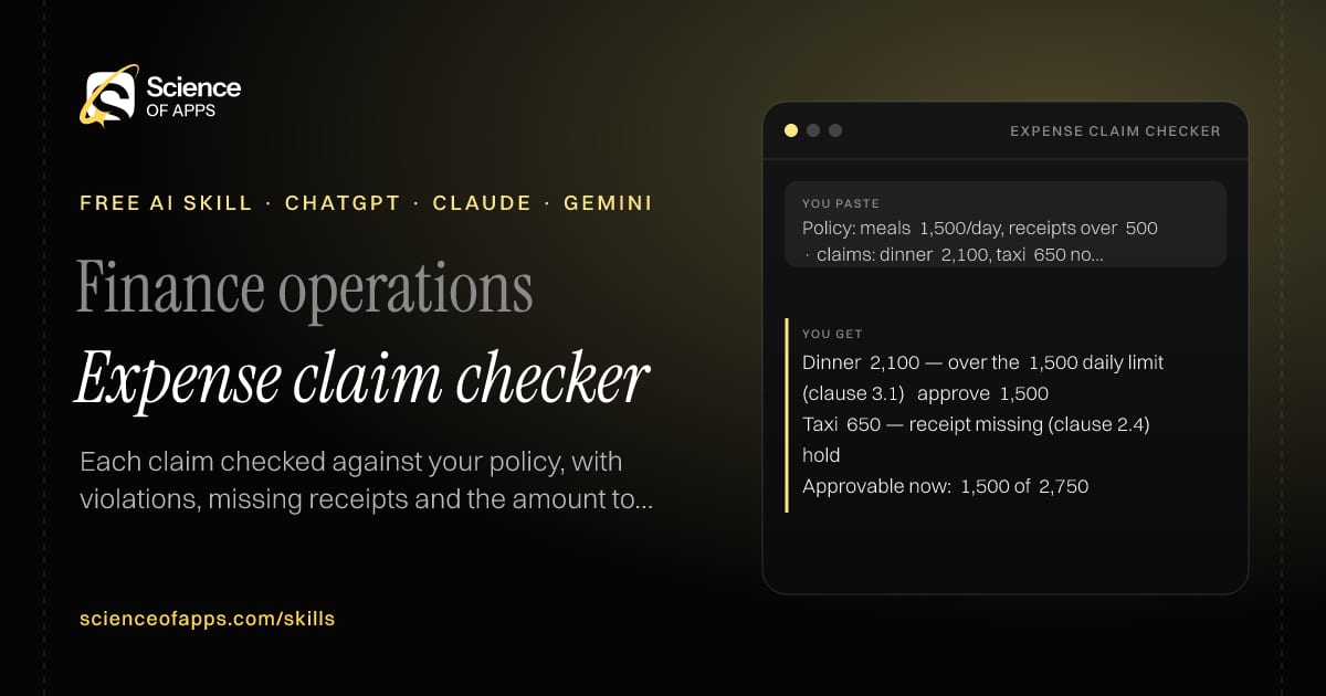 Expense claim checker AI skill for Finance operations: you paste "Policy: meals ₹1,500/day, receipts over ₹500 · claims: dinner ₹2,100, taxi ₹650 no receipt" and get "Dinner ₹2,100 — over the ₹1,500 daily limit (clause 3.1) → approve ₹1,500"