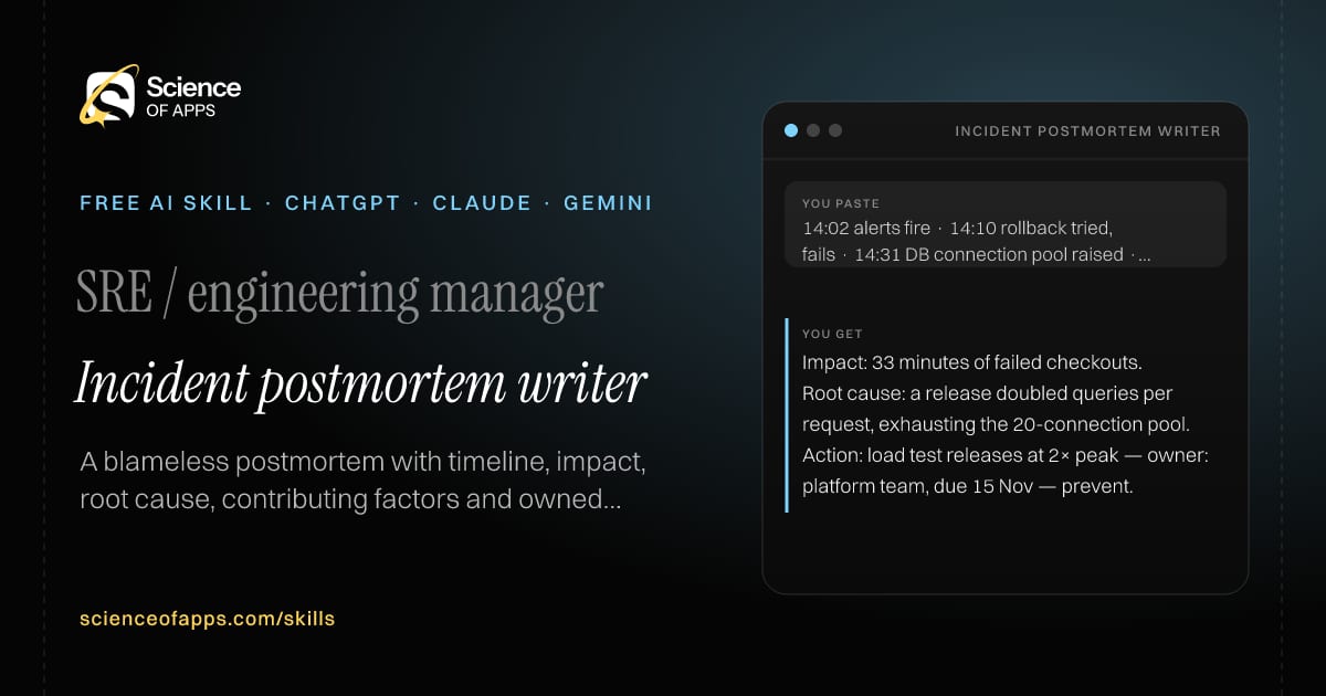 Incident postmortem writer AI skill for SRE / engineering manager: you paste "14:02 alerts fire · 14:10 rollback tried, fails · 14:31 DB connection pool raised · 14:35 recovered" and get "Impact: 33 minutes of failed checkouts."