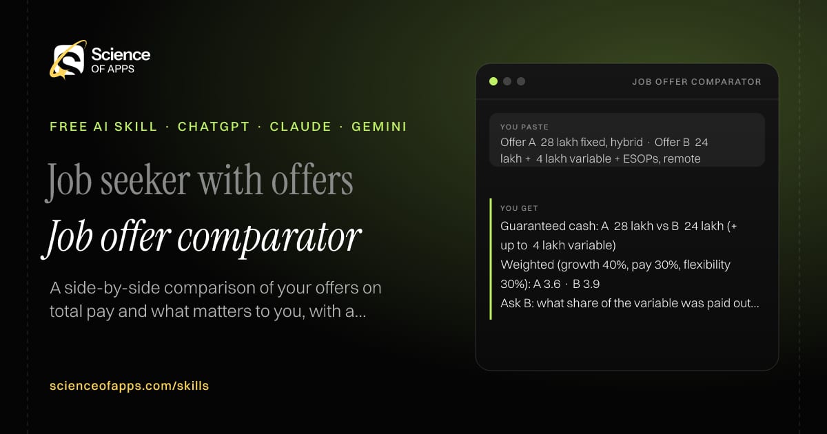Job offer comparator AI skill for Job seeker with offers: you paste "Offer A ₹28 lakh fixed, hybrid · Offer B ₹24 lakh + ₹4 lakh variable + ESOPs, remote" and get "Guaranteed cash: A ₹28 lakh vs B ₹24 lakh (+ up to ₹4 lakh variable)"