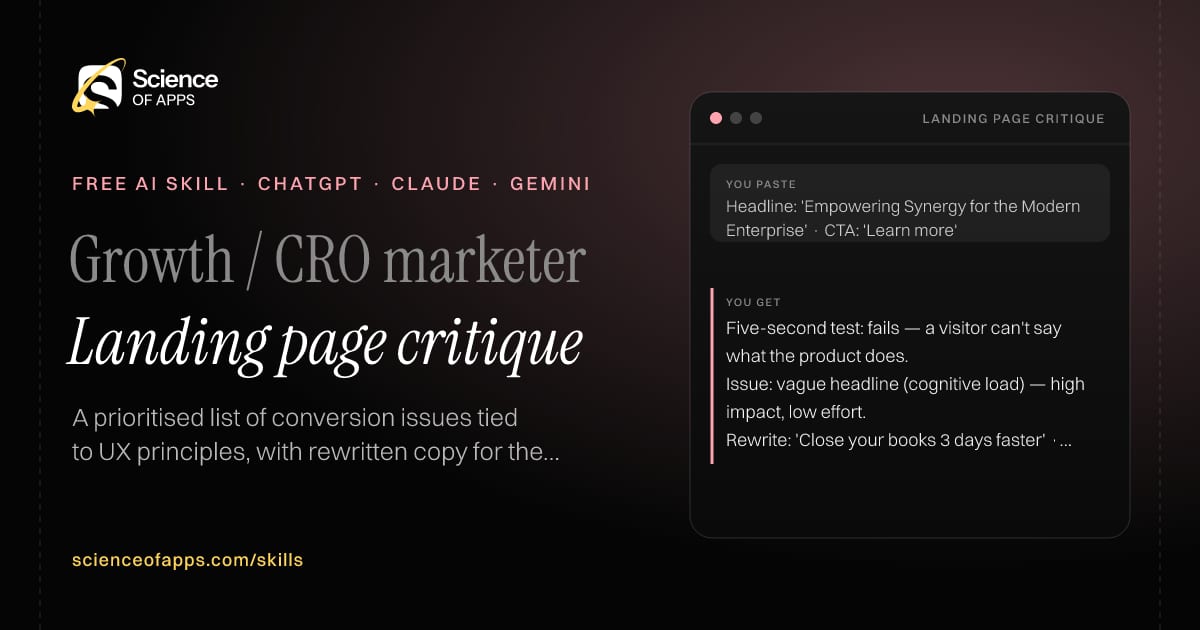 Landing page critique AI skill for Growth / CRO marketer: you paste "Headline: 'Empowering Synergy for the Modern Enterprise' · CTA: 'Learn more'" and get "Five-second test: fails — a visitor can't say what the product does."
