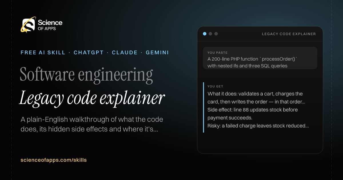Legacy code explainer AI skill for Software engineer joining a codebase: you paste "A 200-line PHP function `processOrder()` with nested ifs and three SQL queries" and get "What it does: validates a cart, charges the card, then writes the order — in that order, with no transaction."
