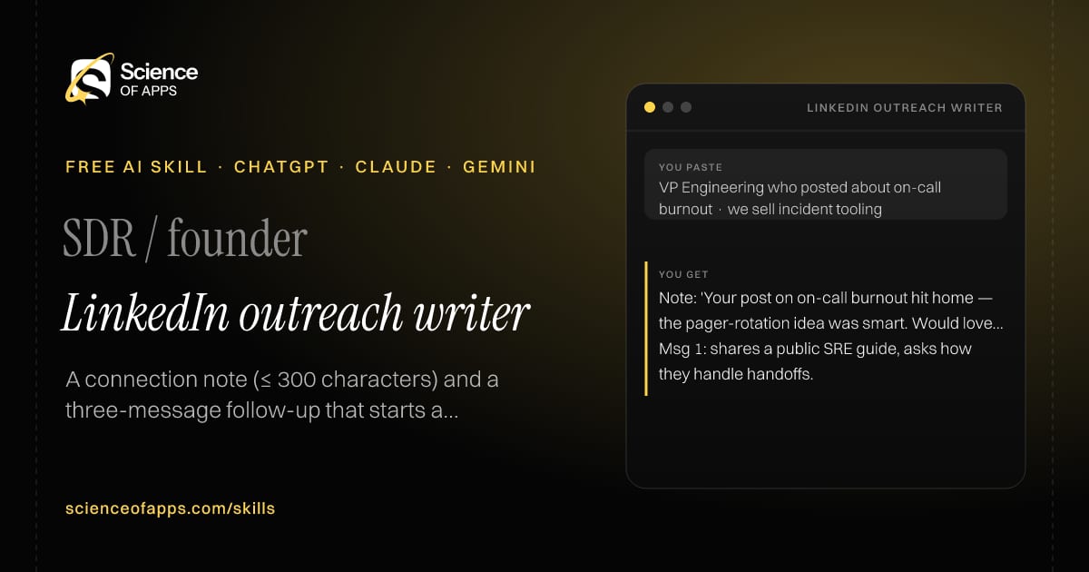 LinkedIn outreach writer AI skill for SDR / founder: you paste "VP Engineering who posted about on-call burnout · we sell incident tooling" and get "Note: 'Your post on on-call burnout hit home — the pager-rotation idea was smart. Would love to follow your writing.' (109)"