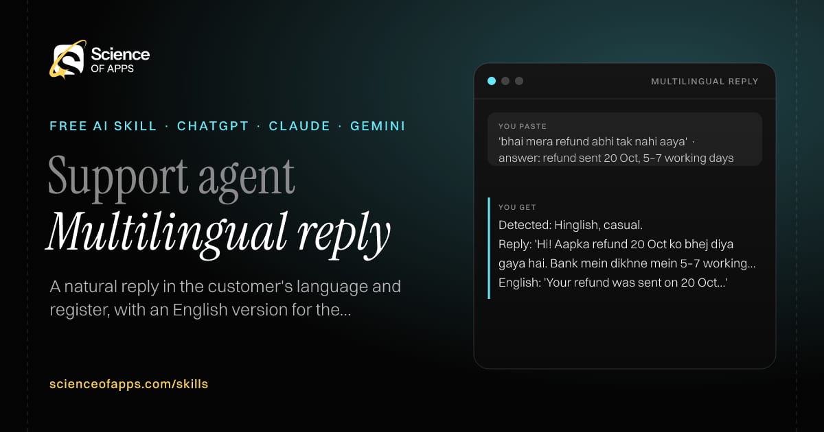Multilingual reply AI skill for Support agent: you paste "'bhai mera refund abhi tak nahi aaya' · answer: refund sent 20 Oct, 5–7 working days" and get "Detected: Hinglish, casual."