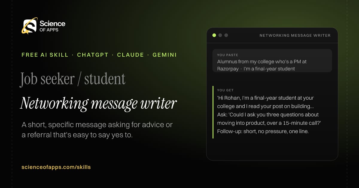Networking message writer AI skill for Job seeker / student: you paste "Alumnus from my college who's a PM at Razorpay · I'm a final-year student" and get "'Hi Rohan, I'm a final-year student at your college and I read your post on building Razorpay's dashboard…'"