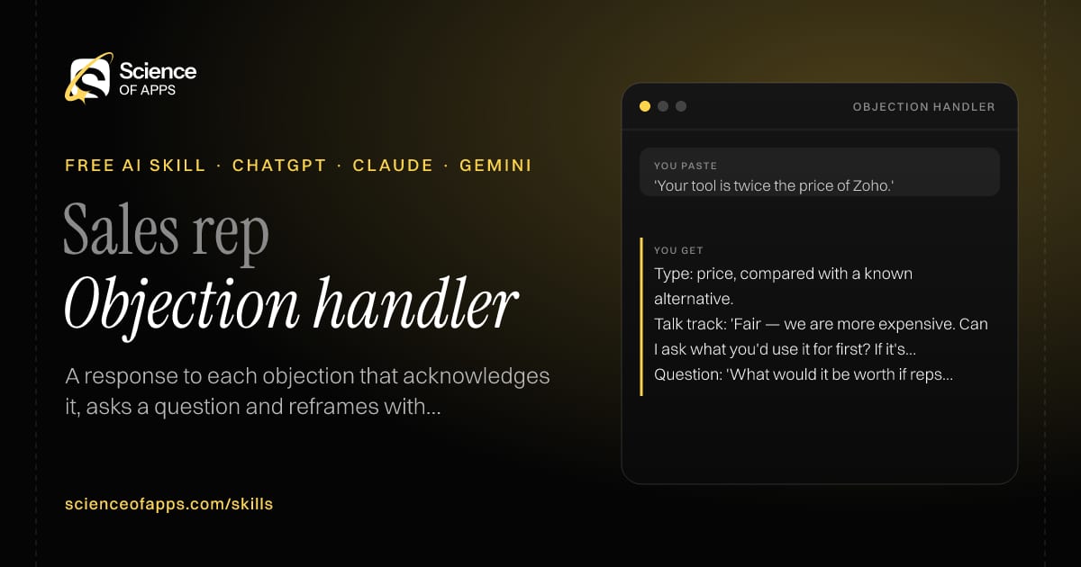 Objection handler AI skill for Sales rep: you paste "'Your tool is twice the price of Zoho.'" and get "Type: price, compared with a known alternative."