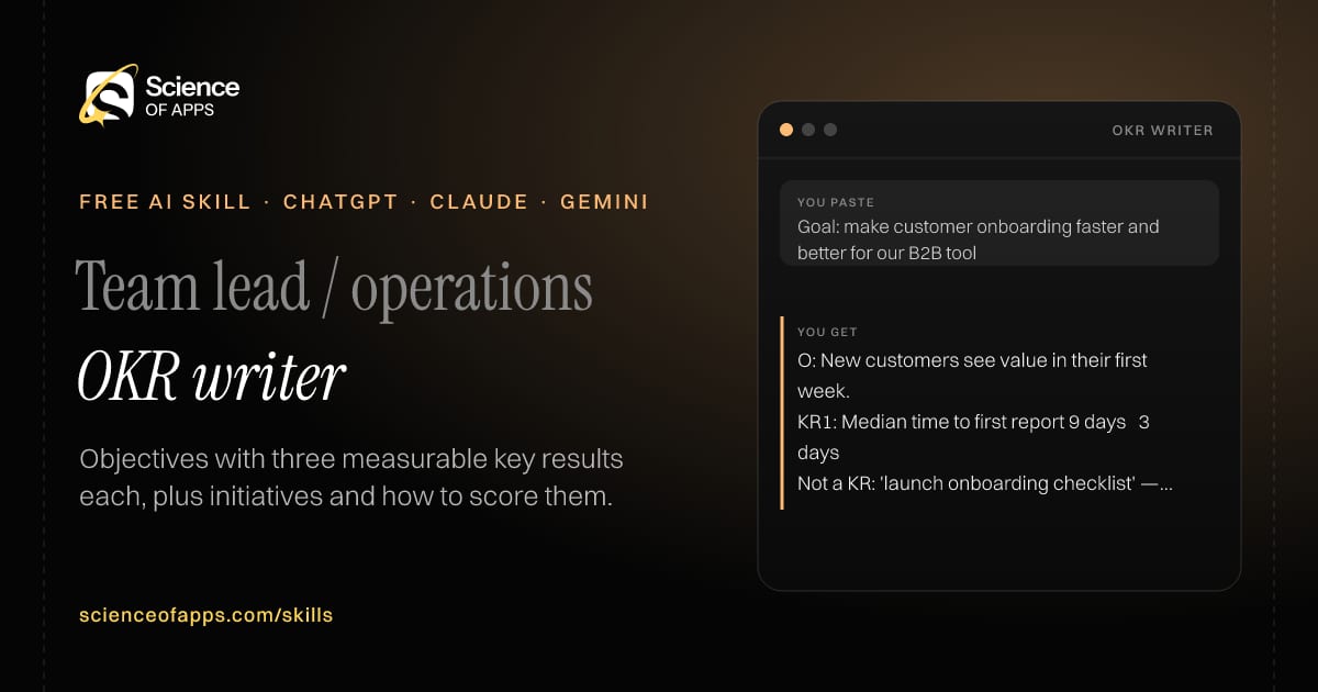 OKR writer AI skill for Team lead / operations: you paste "Goal: make customer onboarding faster and better for our B2B tool" and get "O: New customers see value in their first week."