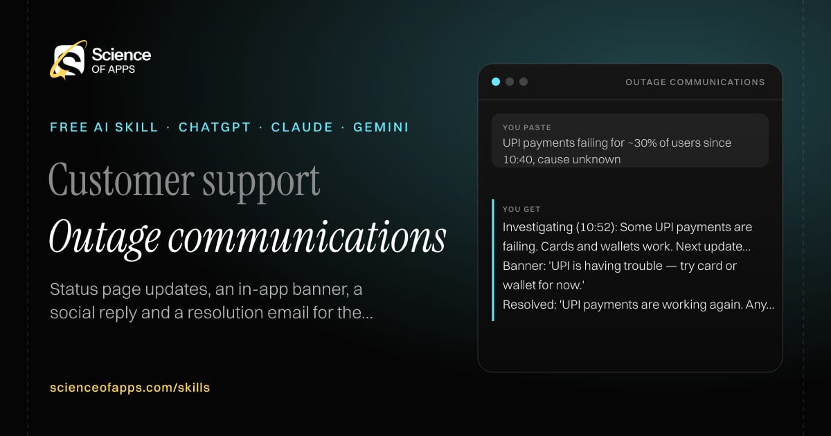 Outage communications AI skill for Support lead / status page owner: you paste "UPI payments failing for ~30% of users since 10:40, cause unknown" and get "Investigating (10:52): Some UPI payments are failing. Cards and wallets work. Next update by 11:20."
