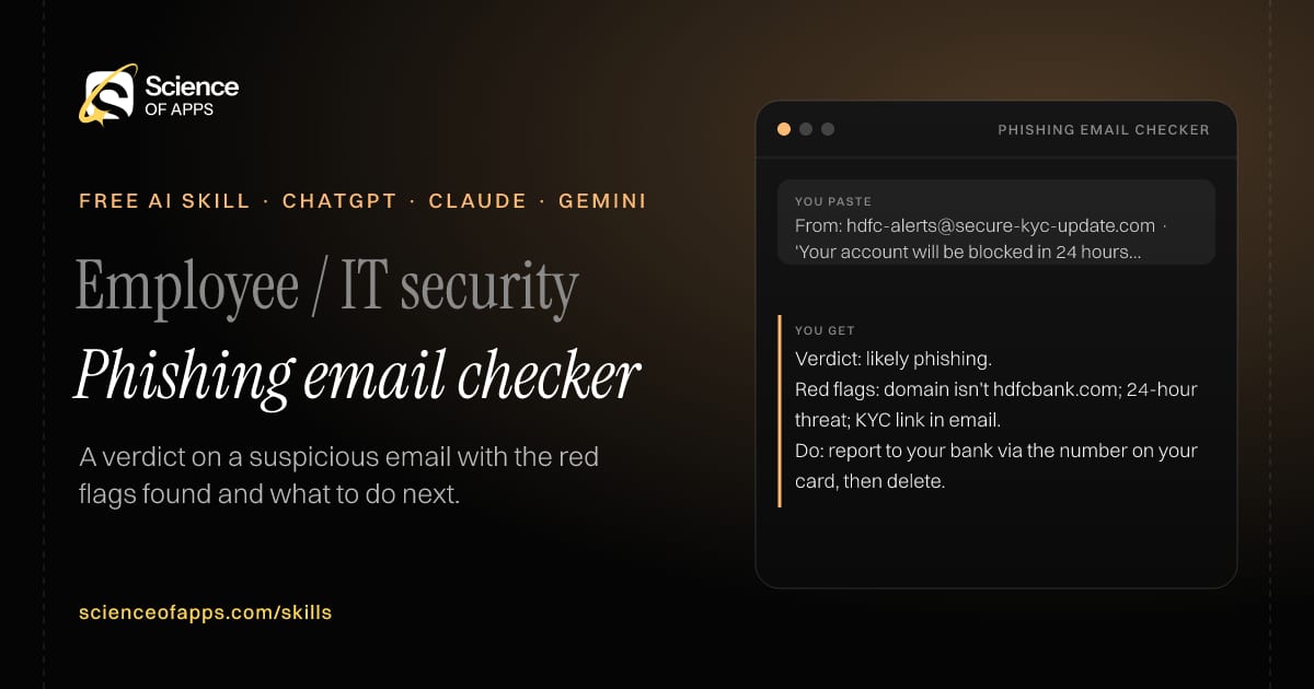 Phishing email checker AI skill for Employee / IT security: you paste "From: hdfc-alerts@secure-kyc-update.com · 'Your account will be blocked in 24 hours, update KYC'" and get "Verdict: likely phishing."